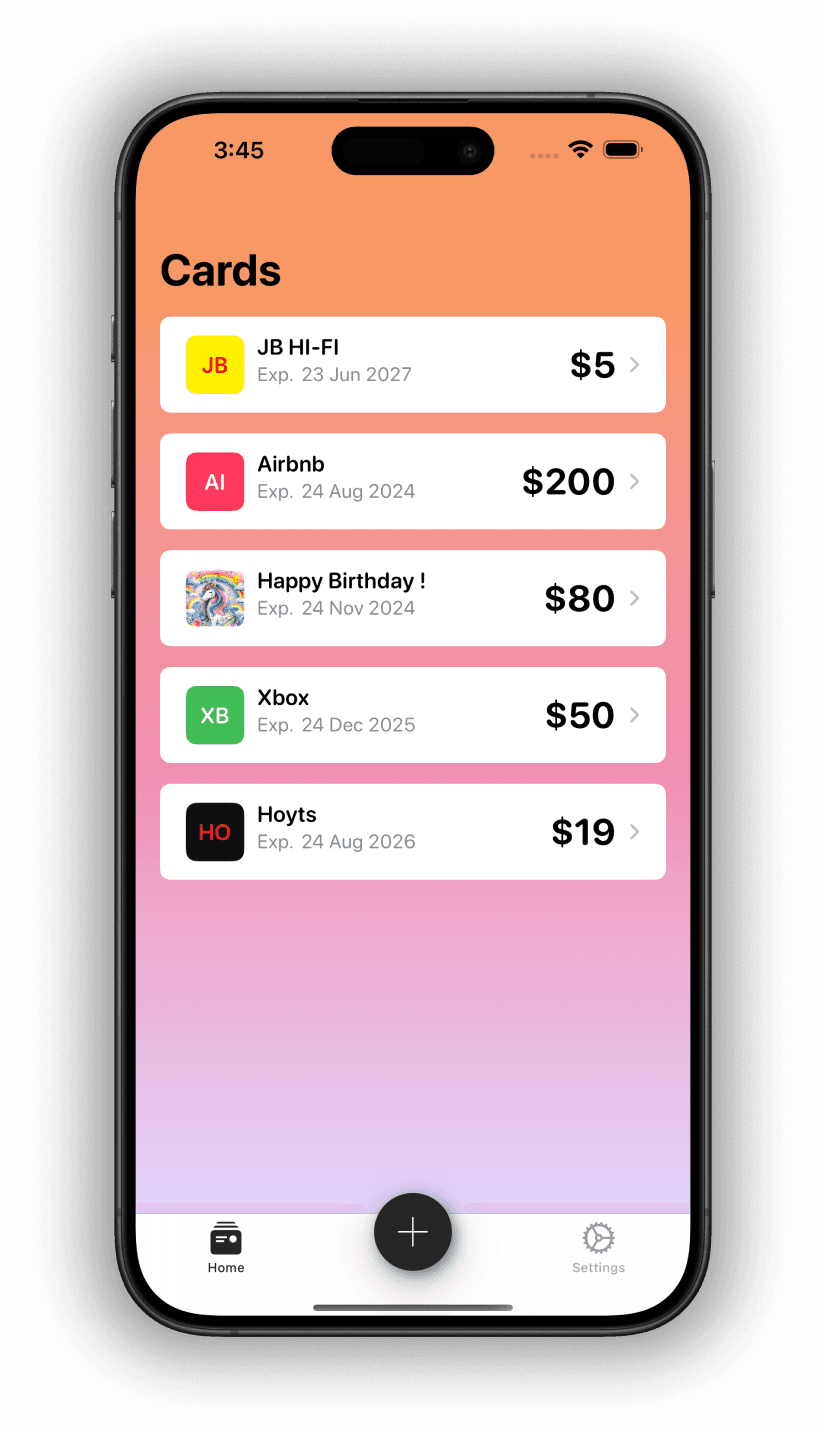 Gifted app cardlist